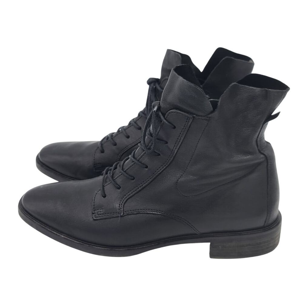 Paul Green Bernadette Lace-Up Moto Boot Black Leather Ankle Boot 9 US 6.5 EUC